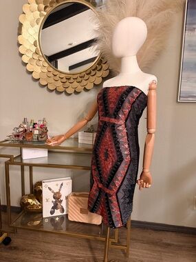Romeo & Juliet Couture Strapless Black and Red Beaded Geometric Sheath Dress